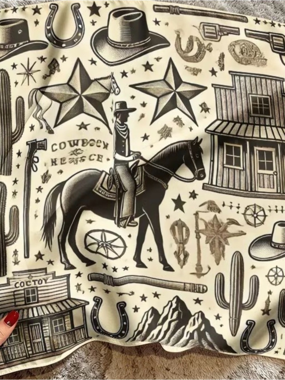 Cowboy Print Western Scarf - Cream & Black